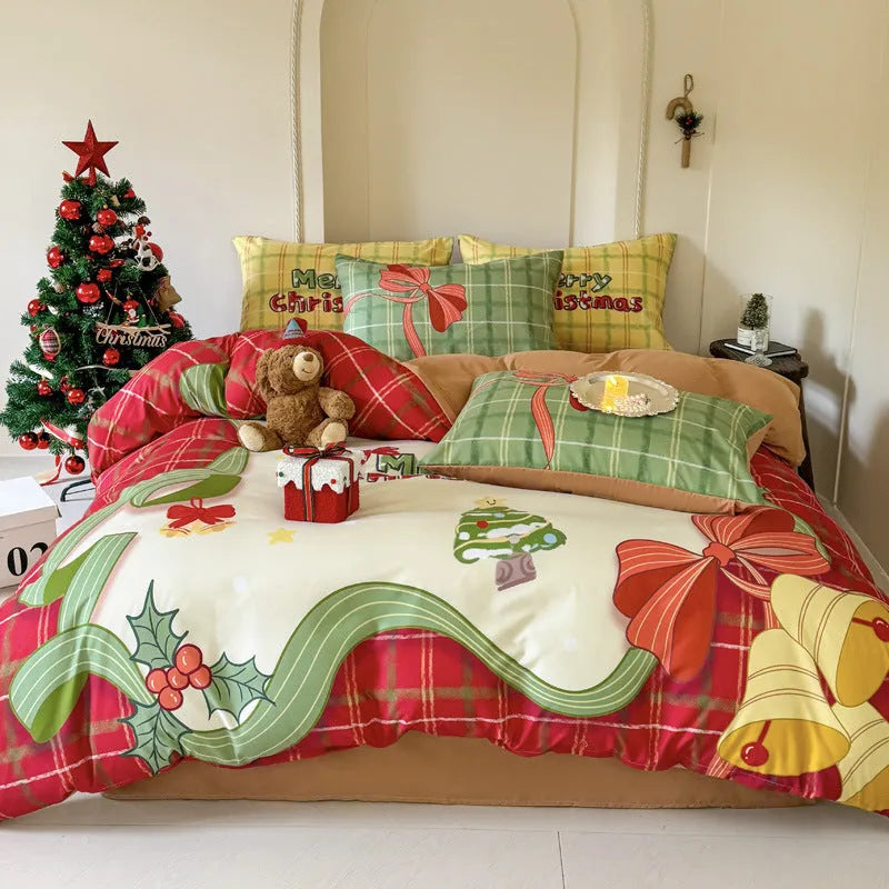 Christmas cartoon print bedding set with duvet cover, sheet, and pillowcases on a bed, showing super soft washed cotton-style fabric.
