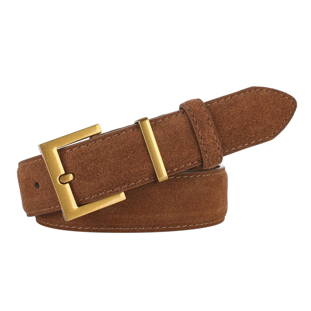 Ladies' brown leather belt with quadrilateral alloy pin buckle showing punching holes along 100cm length