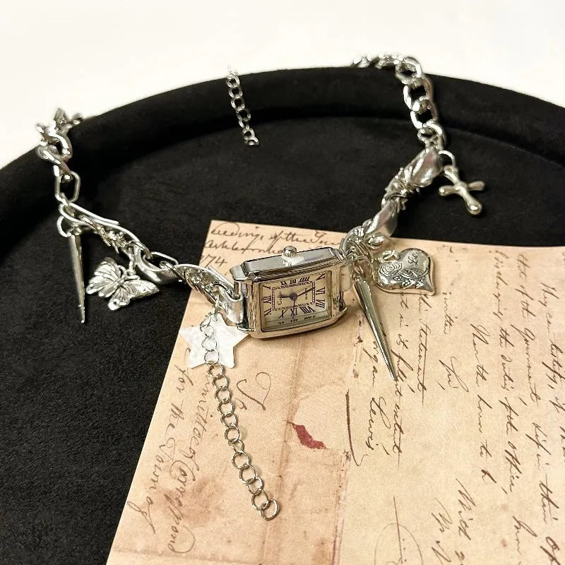 Dark style women's multi-layer cross necklace with adjustable alloy chain and hemp flower links