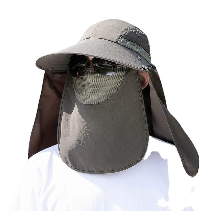 Men's khaki sun hat with built-in USB fan, face covering, and extended neck protection shawl.
