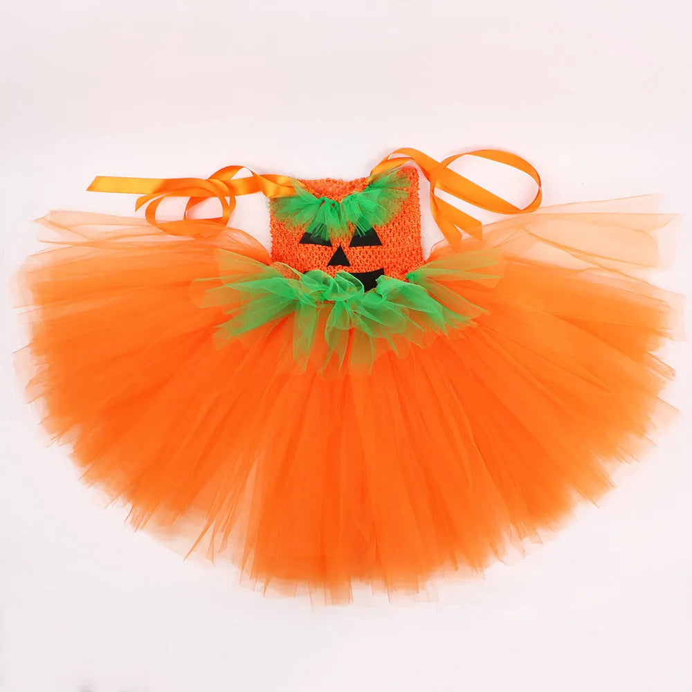 Girls' Halloween pumpkin skirt and hat set in nylon, princess dress style, cartoon element
