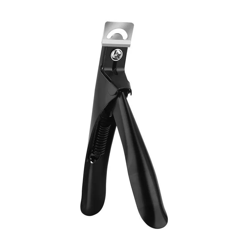 Close-up of stainless steel U-shaped nail art scissors with an electrophoretic black finish.