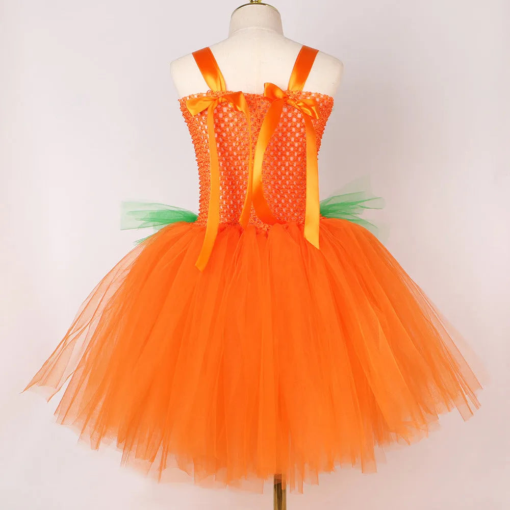 Girls' Halloween pumpkin skirt and hat set in nylon, princess dress style, cartoon element