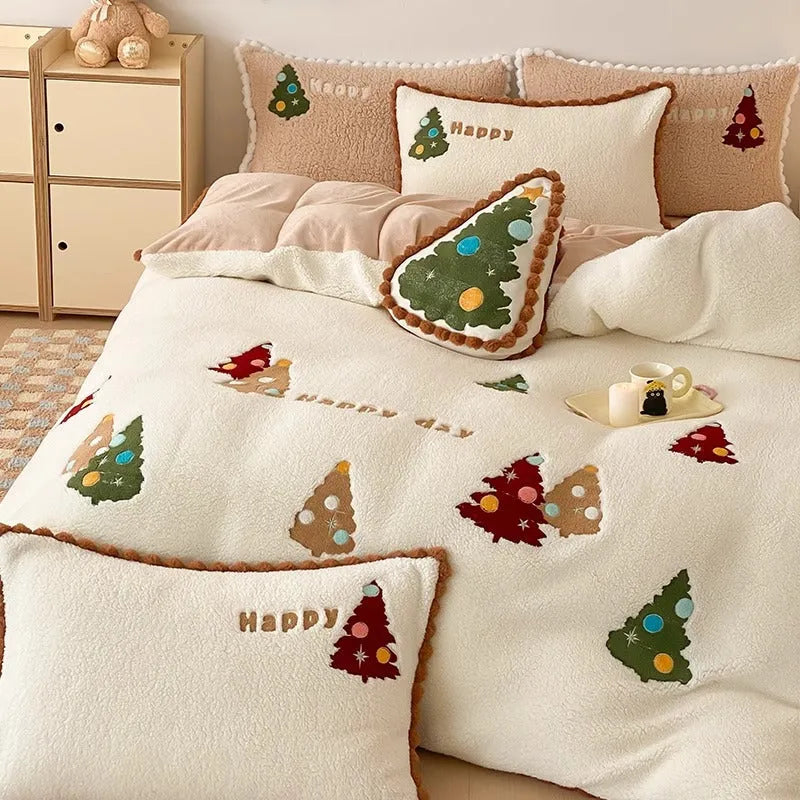 Bright yellow fleece-lined bedding set with embroidered cartoon Christmas trees on duvet cover and pillows.