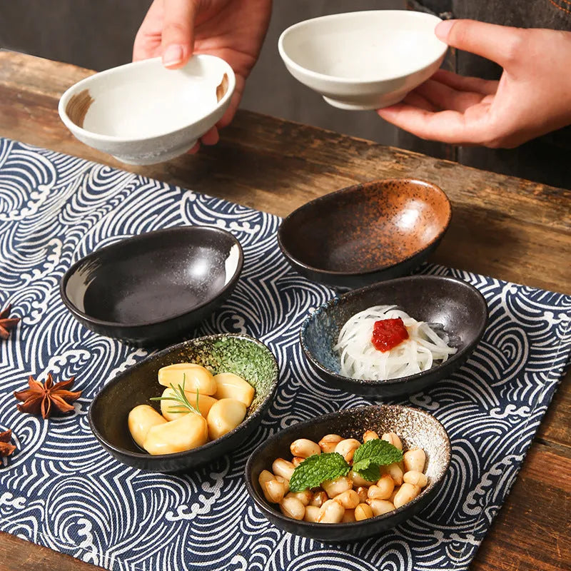 Oval Japanese ceramic sauce dipping bowl with underglaze finish in selected colour pattern