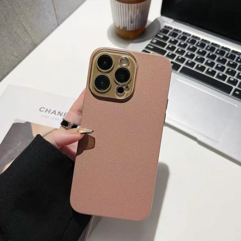 Hard shell iPhone case with embossed lychee pattern in black, brown, or taro purple for iPhone 11 to 16.