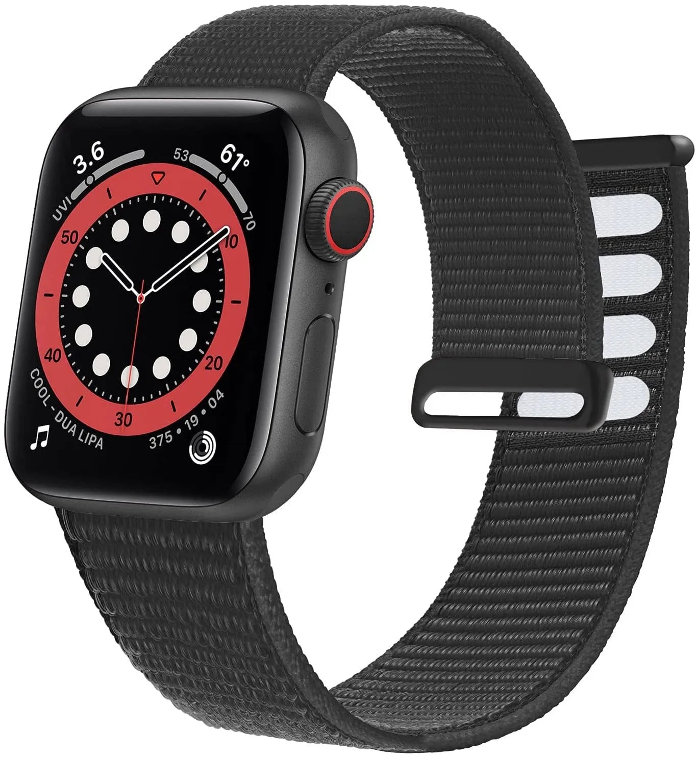Woven nylon Apple Watch strap in multiple colours showing fabric texture and watch attachment