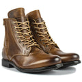 Men's black and brown two-tone leather boots with a side zipper and low heel.