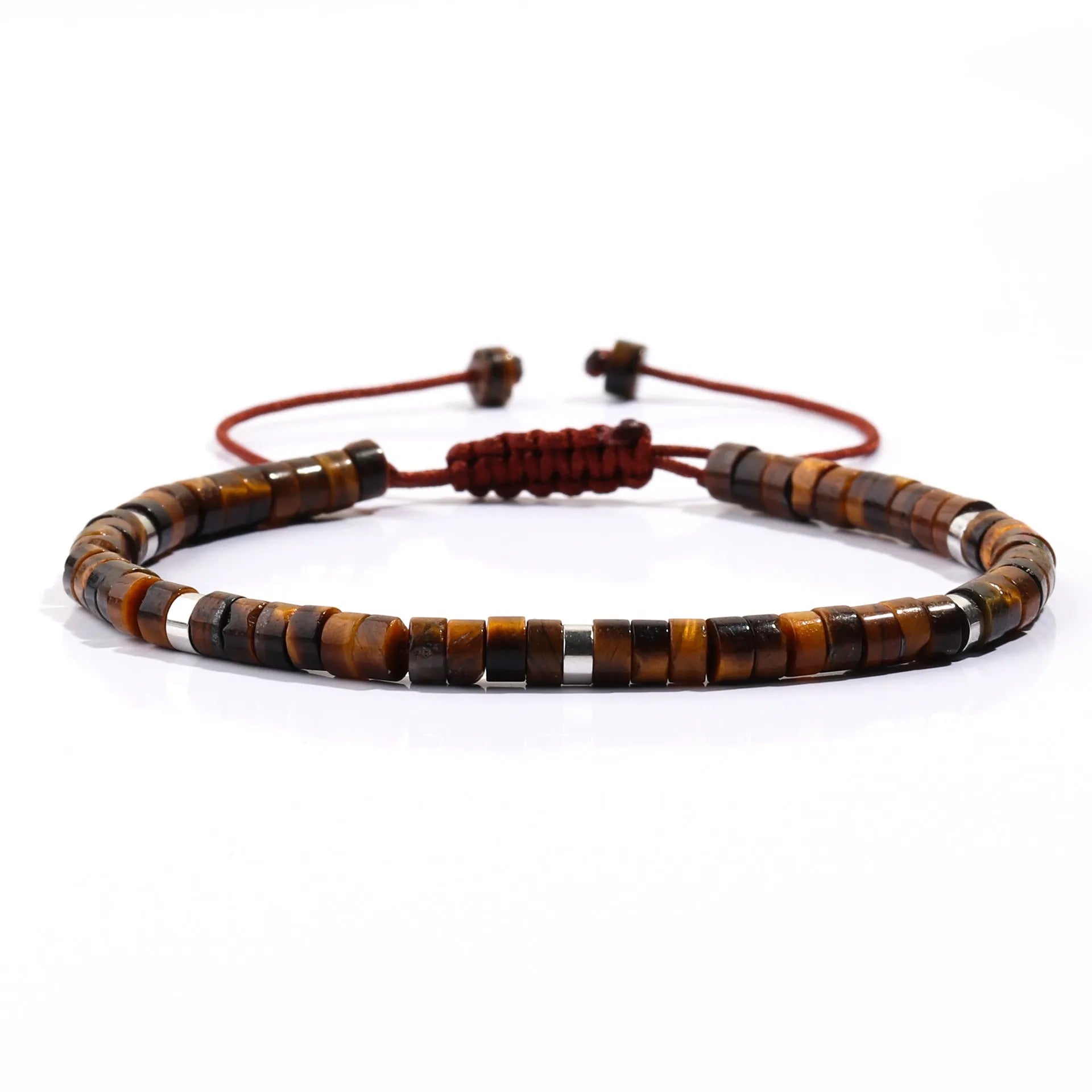 Women's hand-woven tigereye turquoise cylindrical flat bead bracelet with geometric texture and bamboo joint details