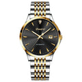 Men's simple dial automatic watch in stainless steel on wrist, showing golden black colour option.