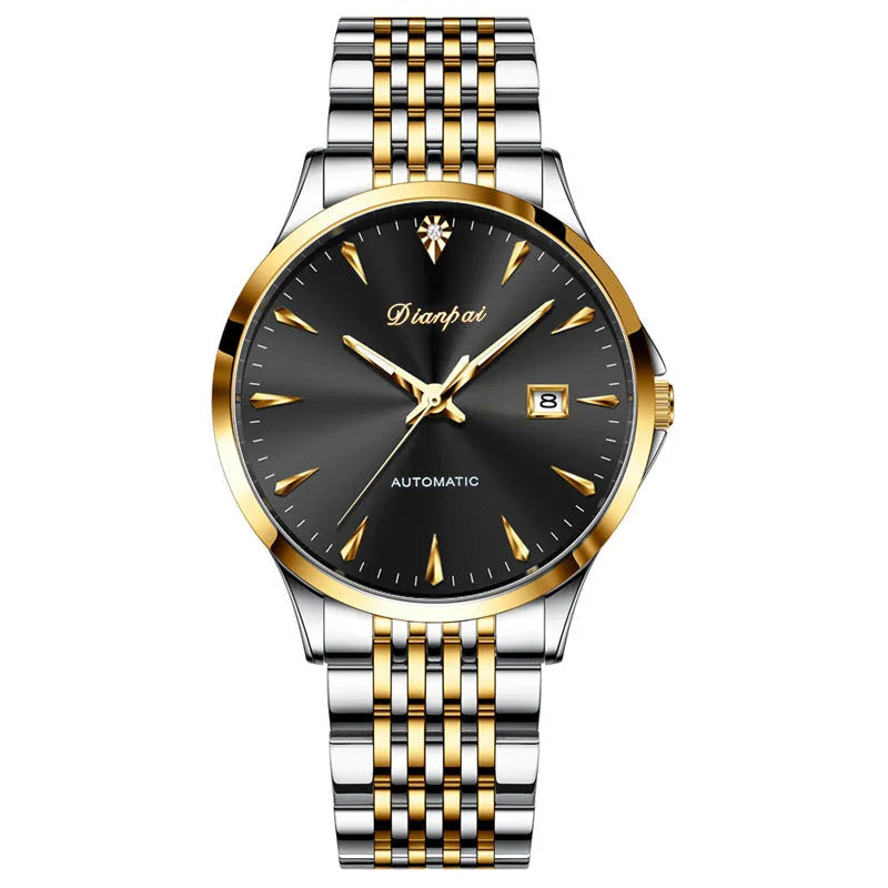 Men's simple dial automatic watch in stainless steel on wrist, showing golden black colour option.