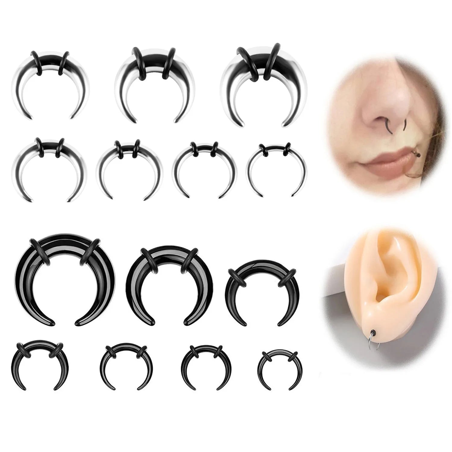 316 stainless steel C-shaped buffalo horn nose ring in steel colour or black finish