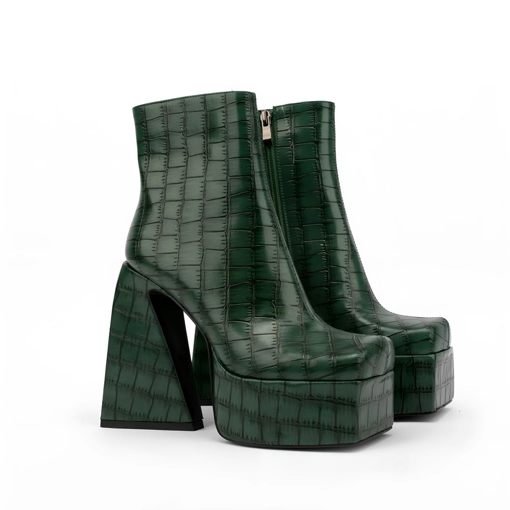 Women's super high heel ankle boots in artificial PU, available in red, green, black, beige, and brown.