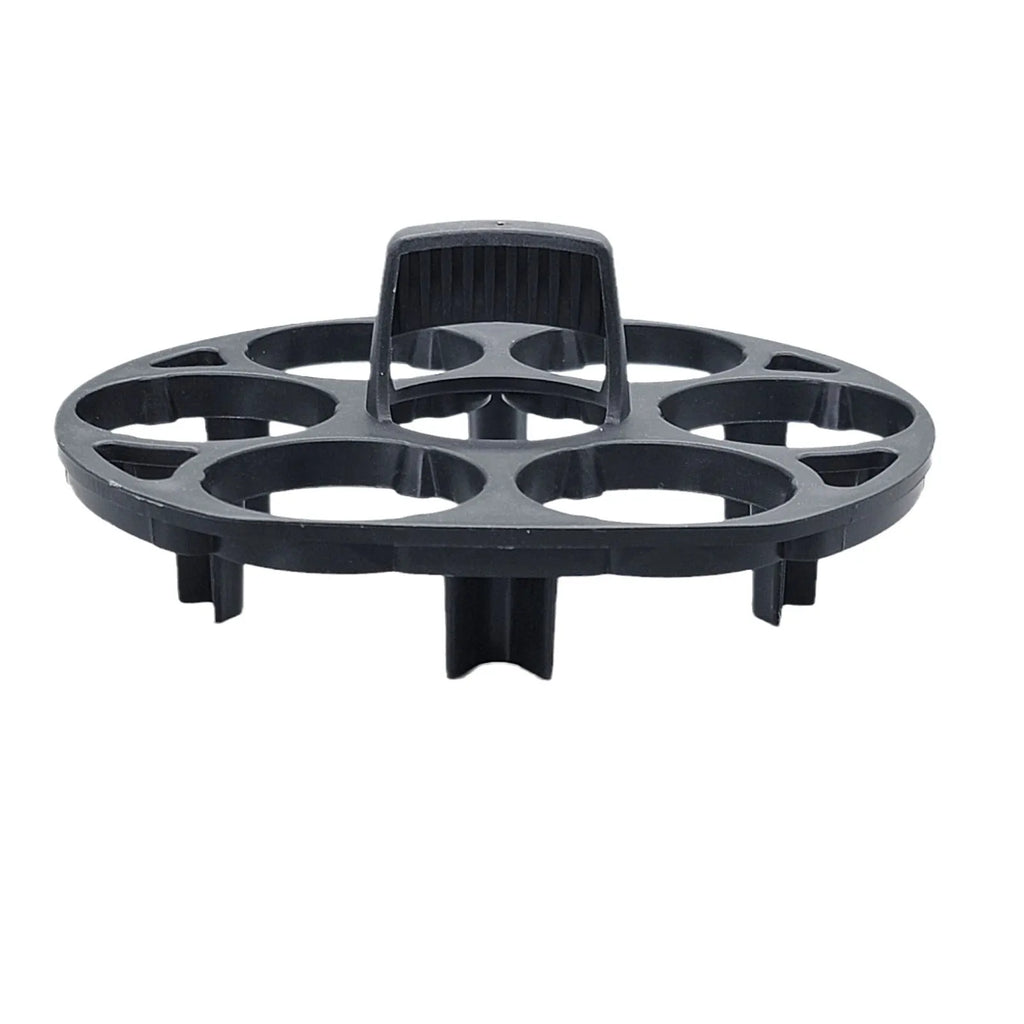 Black plastic egg holder basket with retainer function, dimensions 13.8 x 12.6 x 5.7 cm