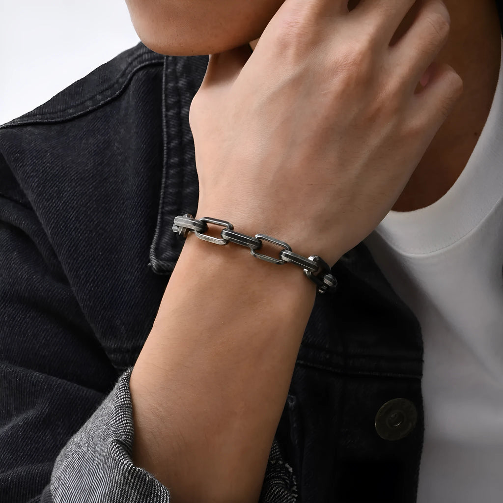 Men's simple square chain bracelet in titanium steel, shown in black, gold, retro, and steel colour options.