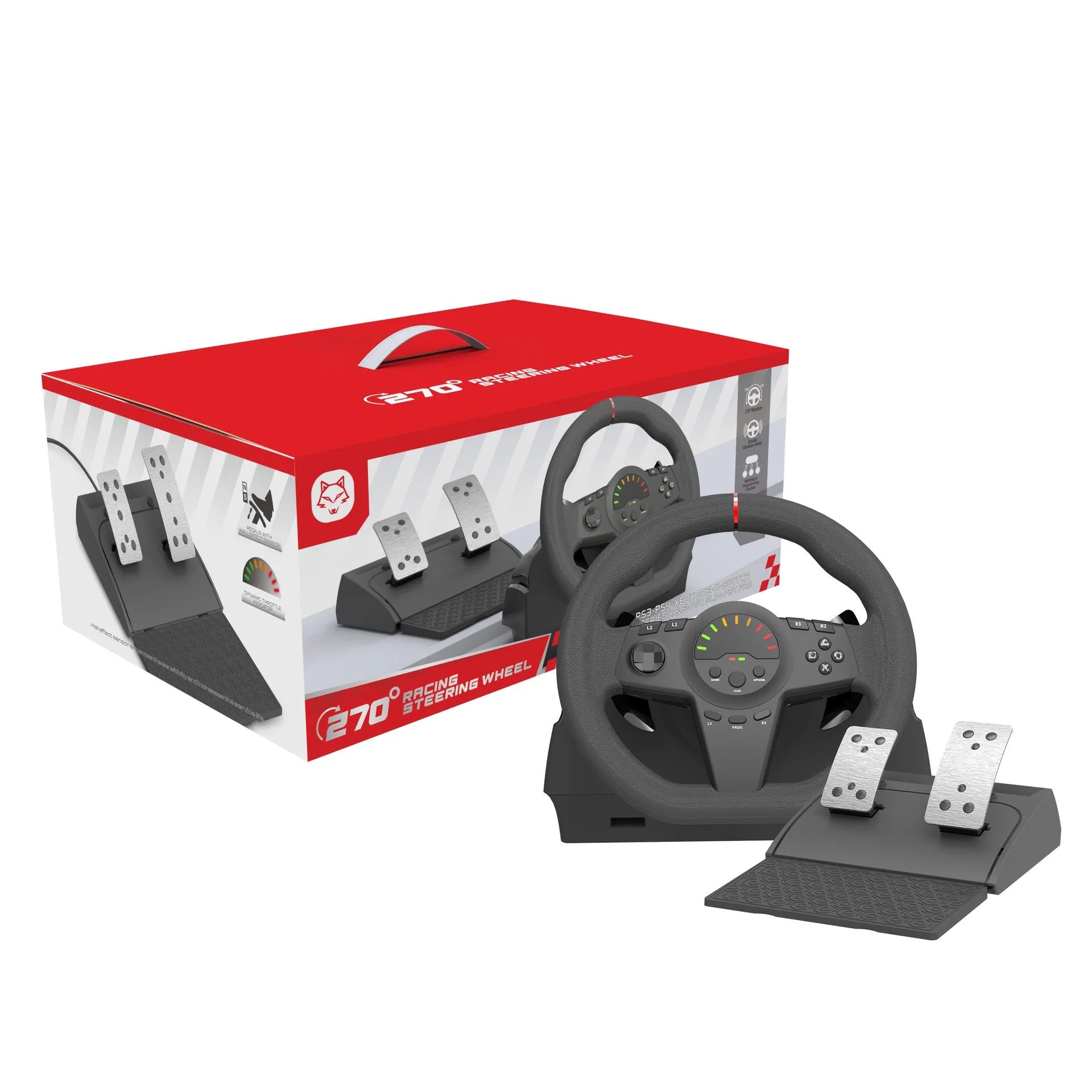 Black USB racing wheel game controller with two pedals and vibration feedback for multi-platform gaming
