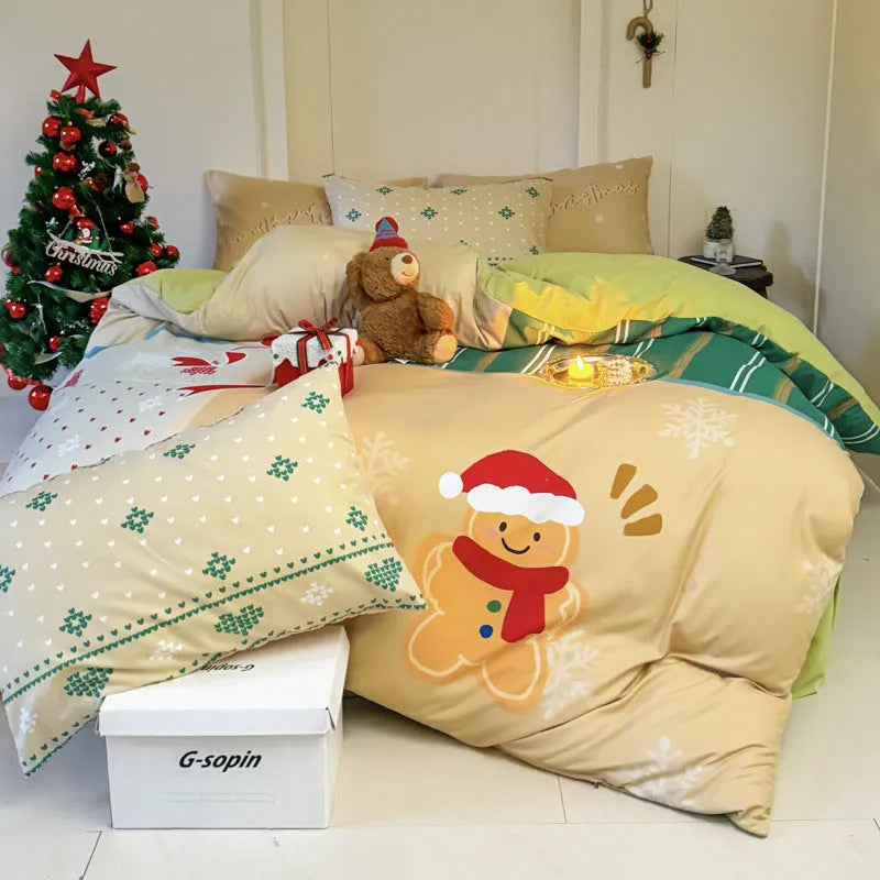 Christmas cartoon print bedding set with duvet cover, sheet, and pillowcases on a bed, showing super soft washed cotton-style fabric.