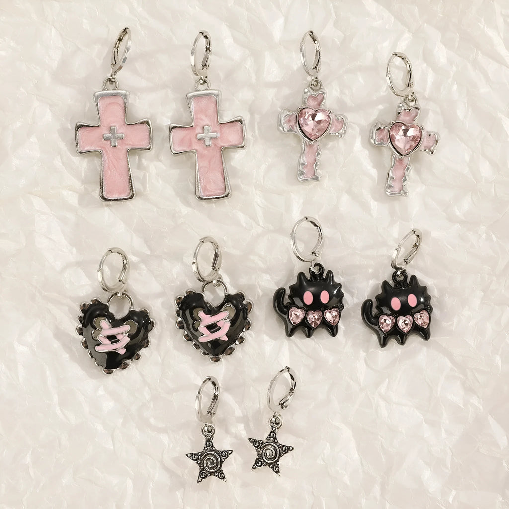 Women's classic cross crystal alloy earrings showing five colour options with cross and heart design elements