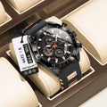 Men's sports chronograph watch with a diamond-shaped dial on a silicone strap, shown in rose gold and blue colour option.