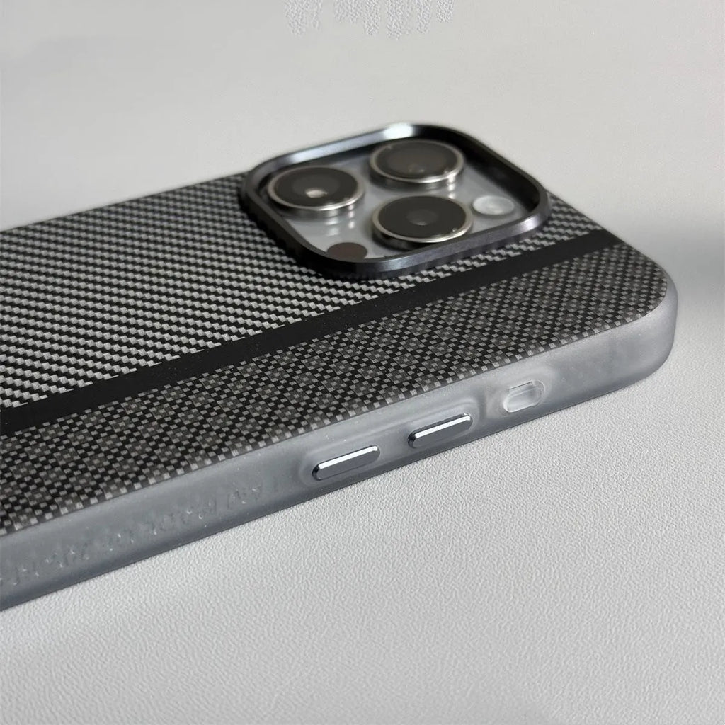 Carbon fiber drop-resistant protective cover for iPhone 12 13 14 Pro Max in black plaid pattern with frosted finish