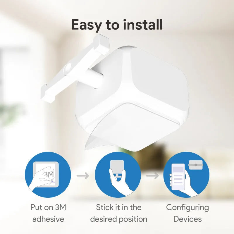 White Bluetooth thumb remote control with rocker arm for smart home device operation.