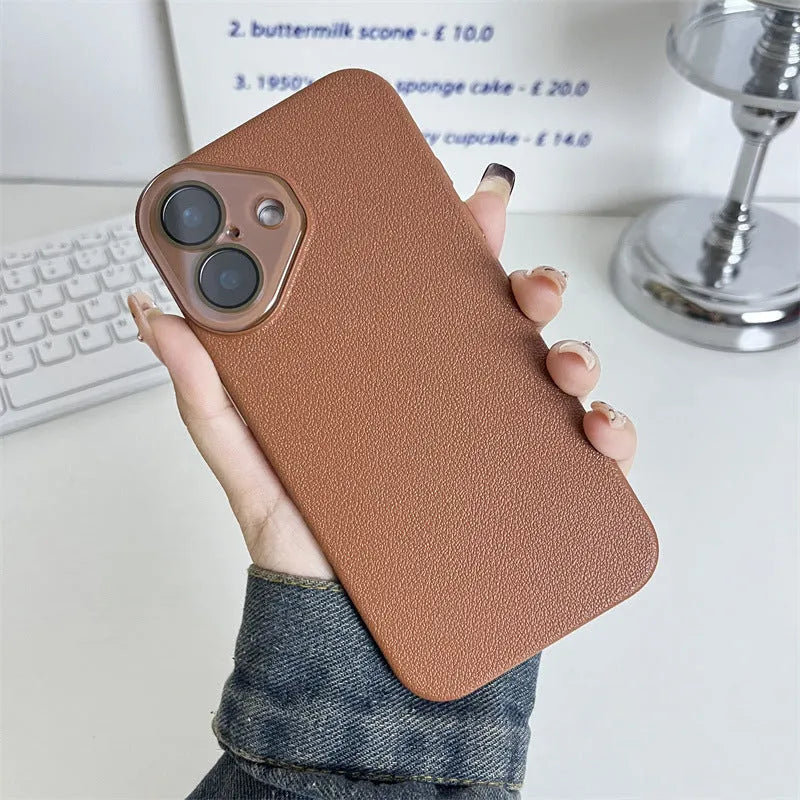 Hard shell iPhone case with embossed lychee pattern in black, brown, or taro purple for iPhone 11 to 16.