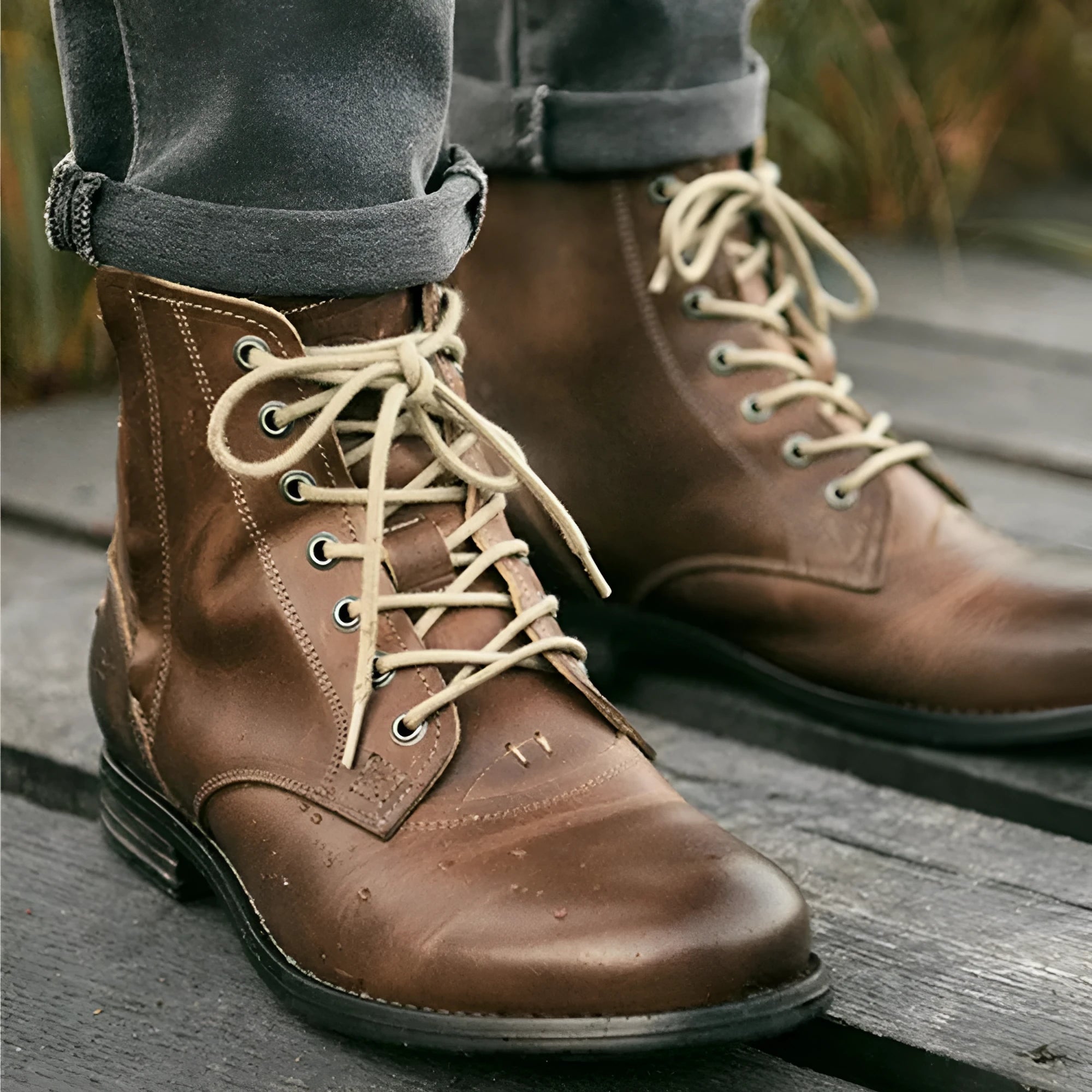 Men's black and brown two-tone leather boots with a side zipper and low heel.