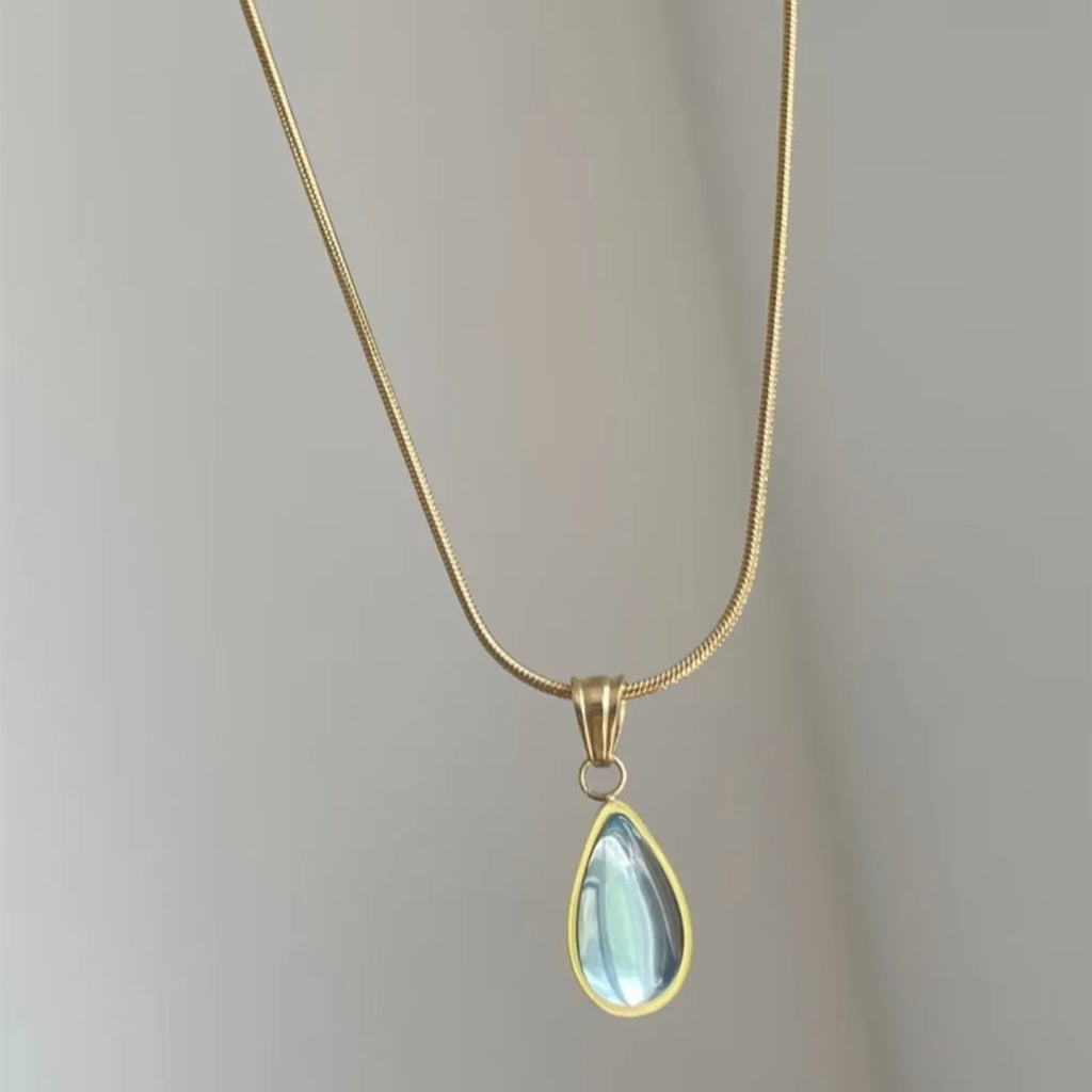 Retro blue and green water drop necklace with titanium steel snake chain and mixed gemstone pendant