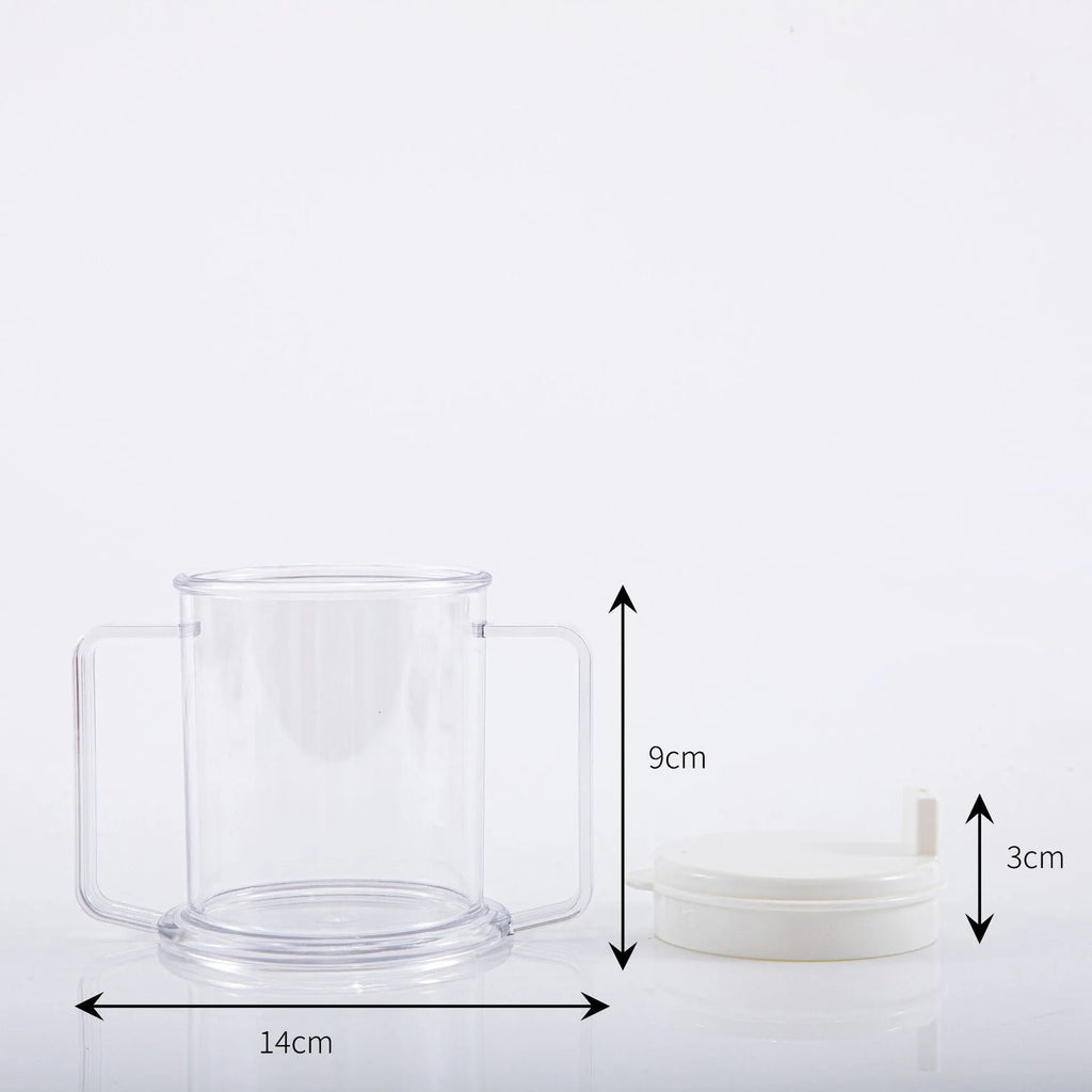 Transparent plastic drinking cup with a simple, modern design on a plain background.
