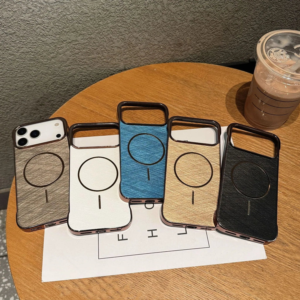 Electroplating frameless magnetic phone case for iPhone 17 in multiple colour options showing half-pack design