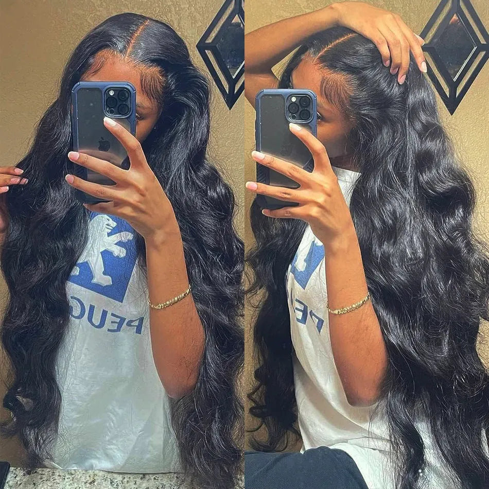 Black synthetic front lace wig with long curly hair and side bangs on a mannequin head.