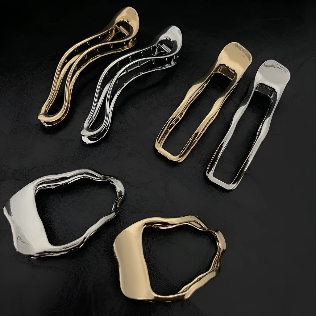 Women's zinc alloy hair barrettes in gold and silver with arc, square, and triangle shapes