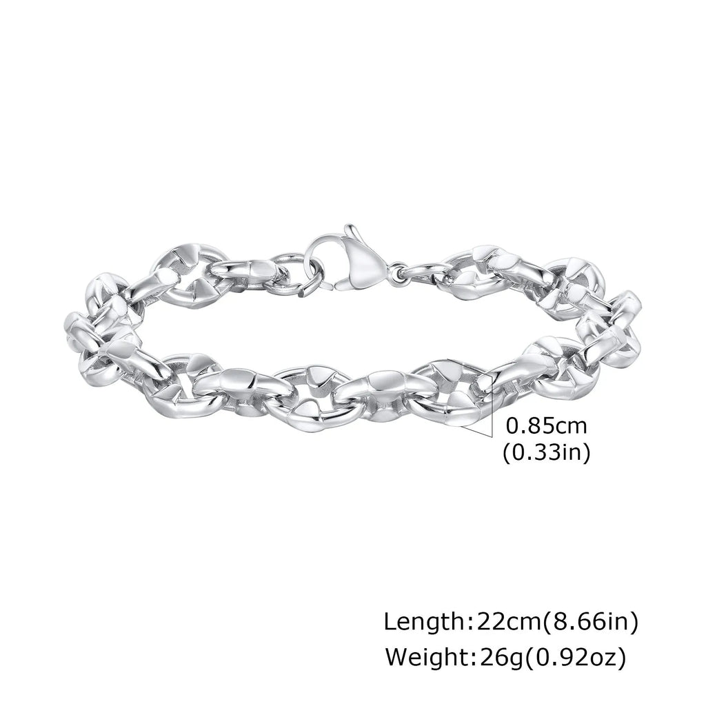Men's thick stainless steel geometric chain bracelet on wrist