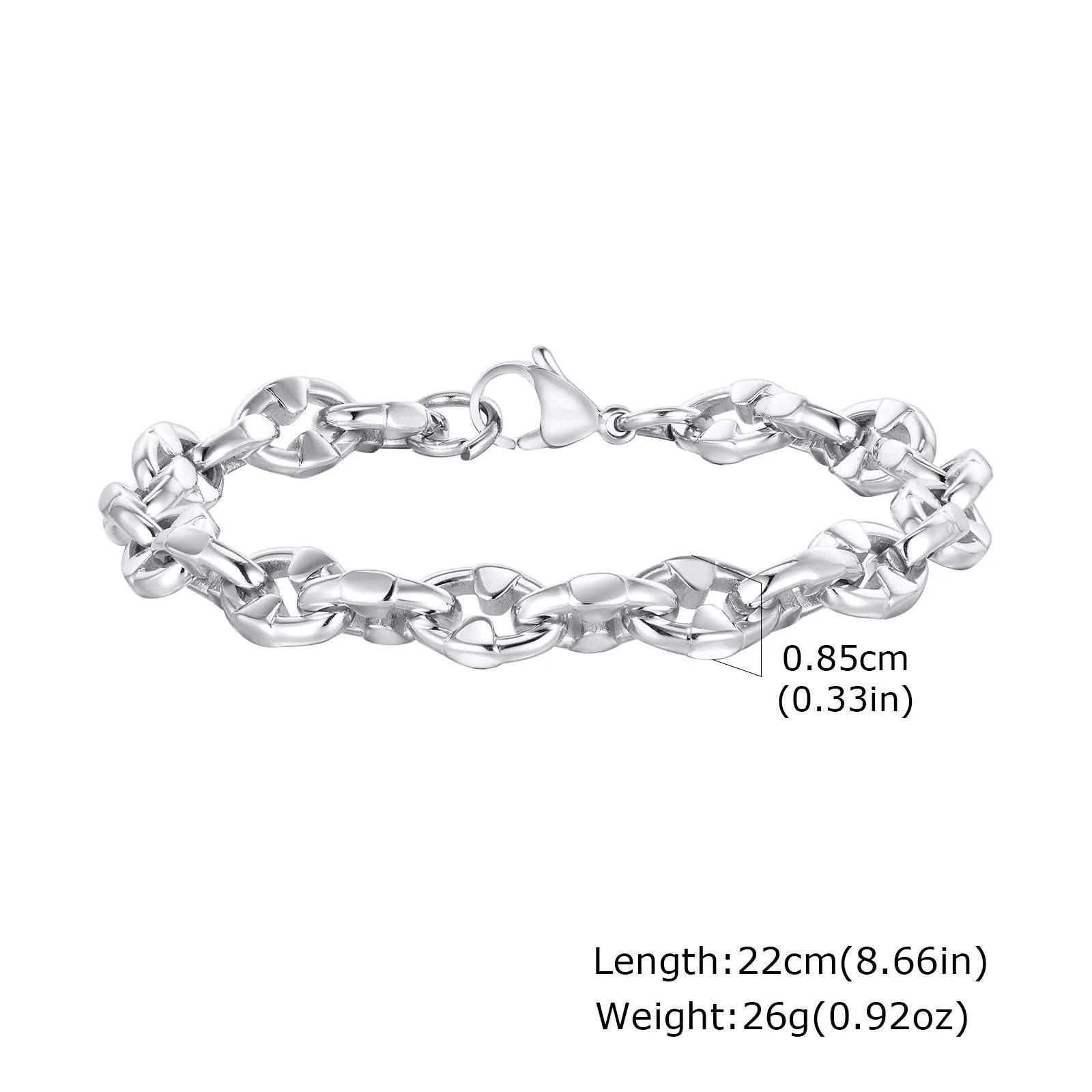 Stainless steel thick geometric chain bracelet on a wrist.