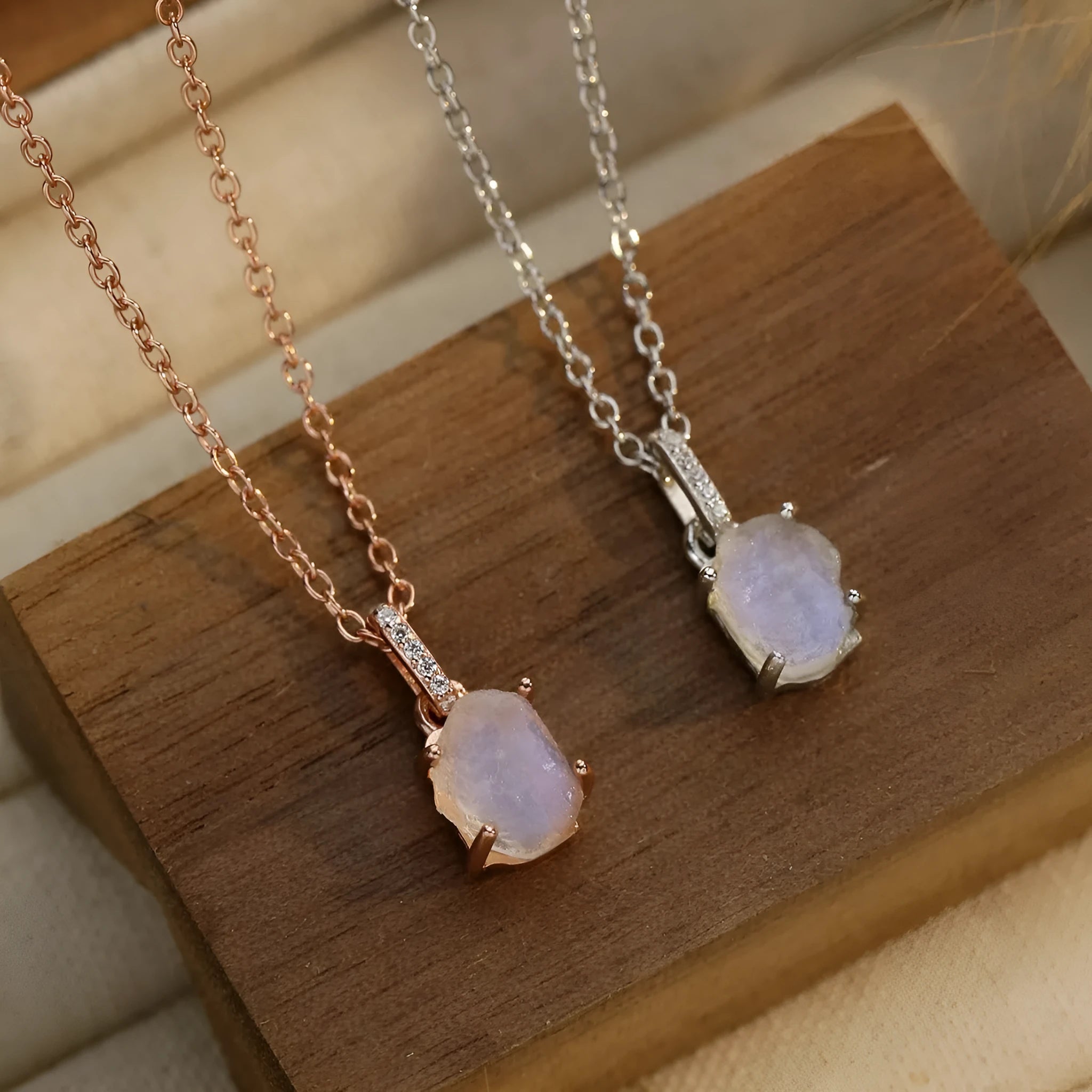 S925 sterling silver moonstone necklace with geometric crystal pendant on curb chain