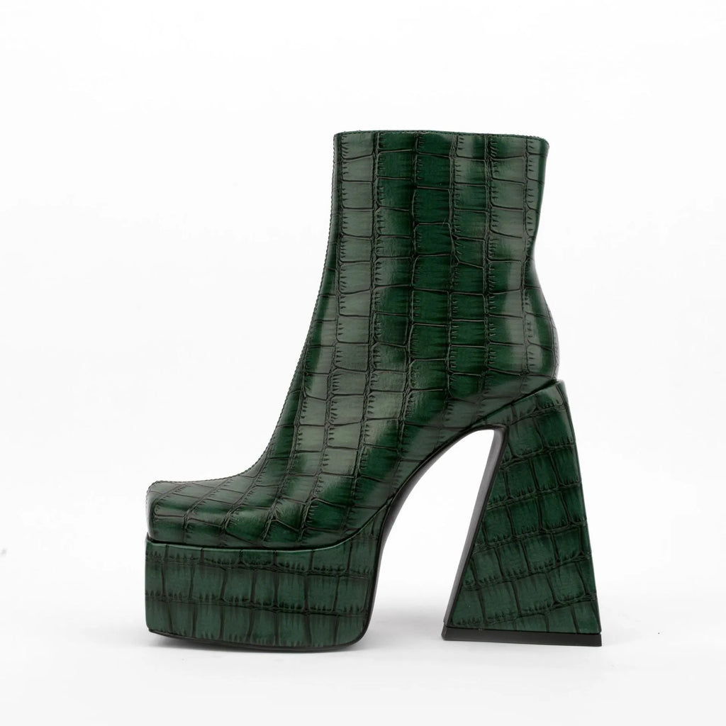 Women's super high heel ankle boots in artificial PU, available in red, green, black, beige, and brown.