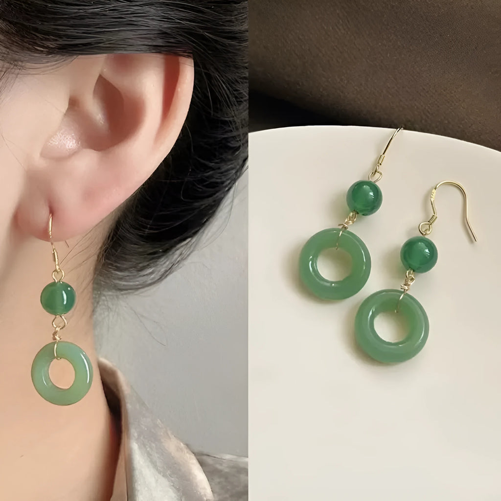Green and gold Chinese style earrings with cheongsam peace buckle design in geometric shape