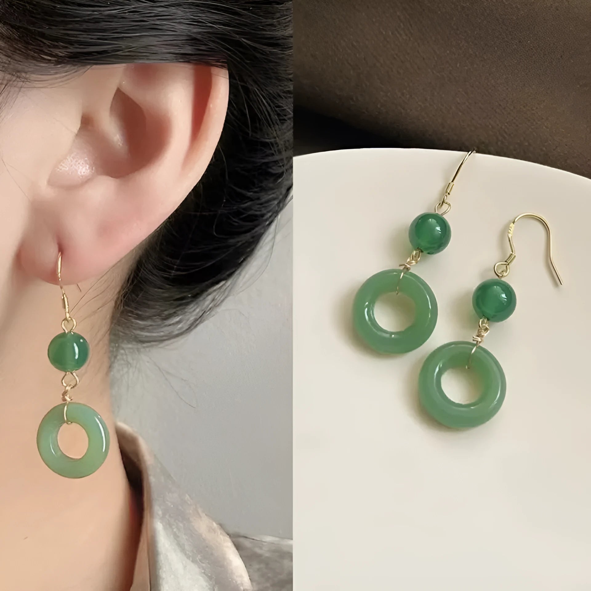Green and gold Chinese style earrings with cheongsam peace buckle design in geometric shape