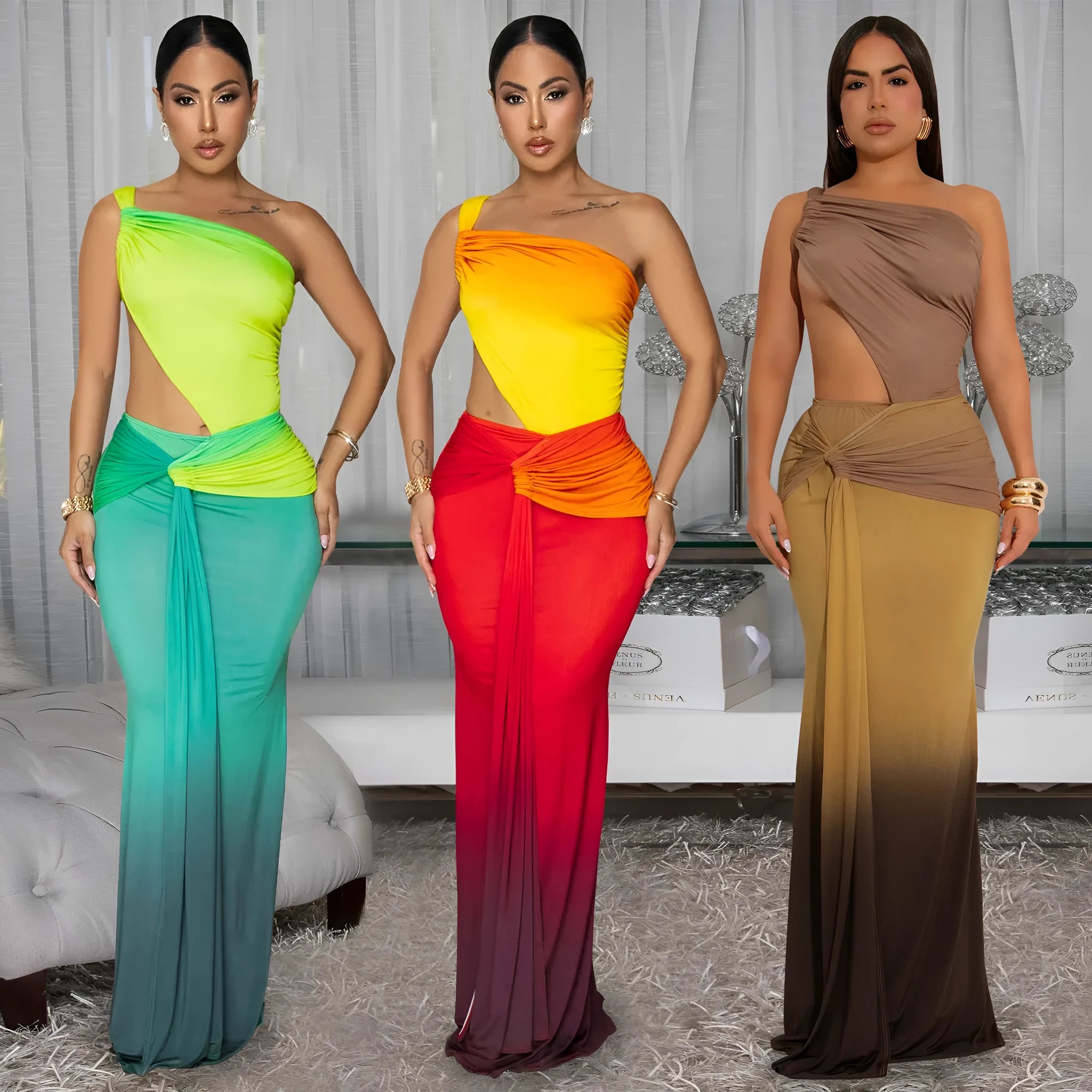 A woman wearing a long gradient colour dress with a cross-shoulder sleeveless design and high waist.