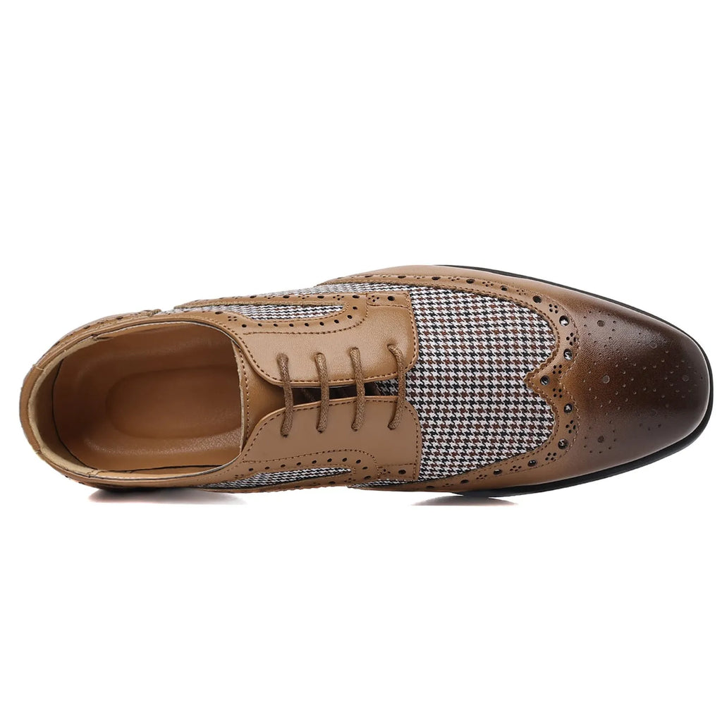 Men's houndstooth pattern casual shoes in square-toe design with lace-up front.