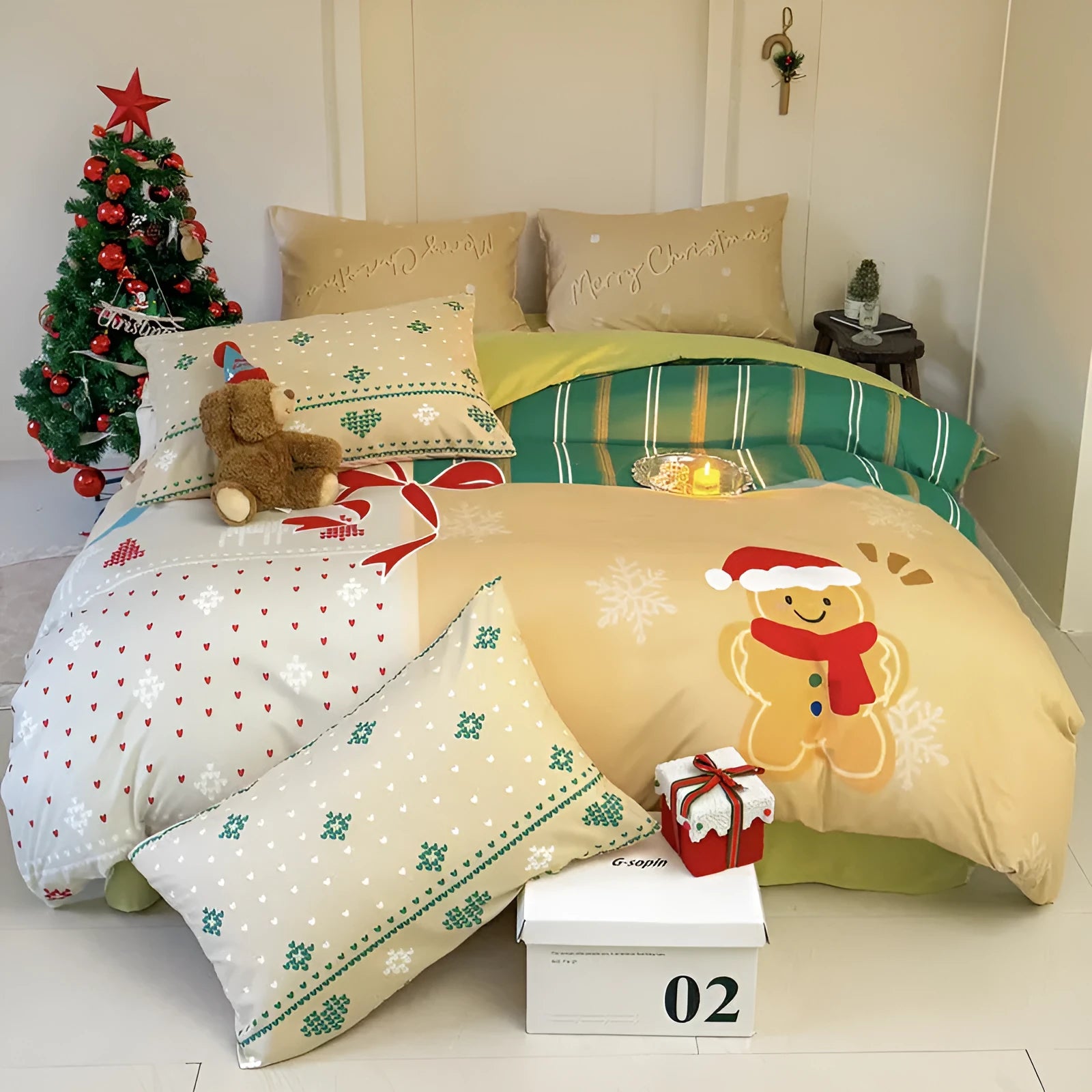 Christmas cartoon print bedding set with duvet cover, sheet, and pillowcases on a bed, showing super soft washed cotton-style fabric.