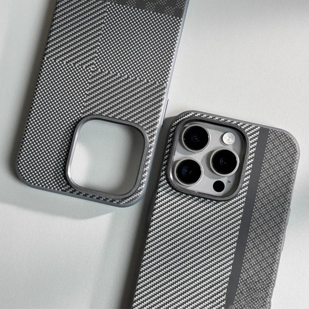 Carbon fiber drop-resistant protective cover for iPhone 12 13 14 Pro Max in black plaid pattern with frosted finish