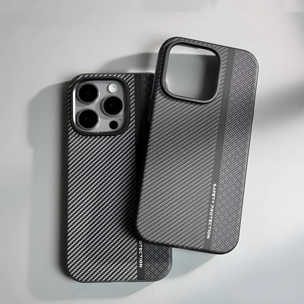 Carbon fiber drop-resistant protective cover for iPhone 12 13 14 Pro Max in black plaid pattern with frosted finish