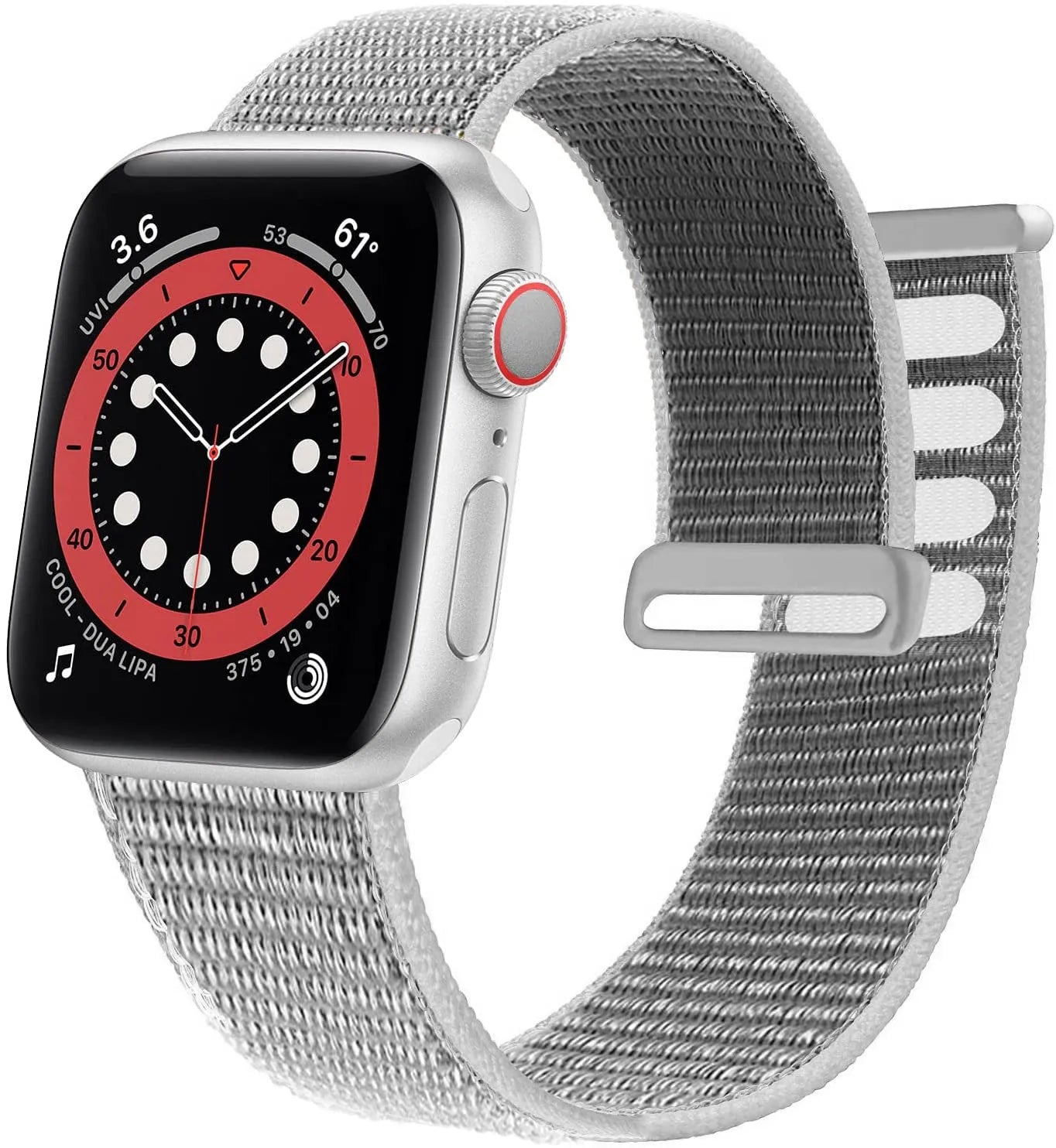 Woven nylon Apple Watch strap in multiple colours showing fabric texture and watch attachment