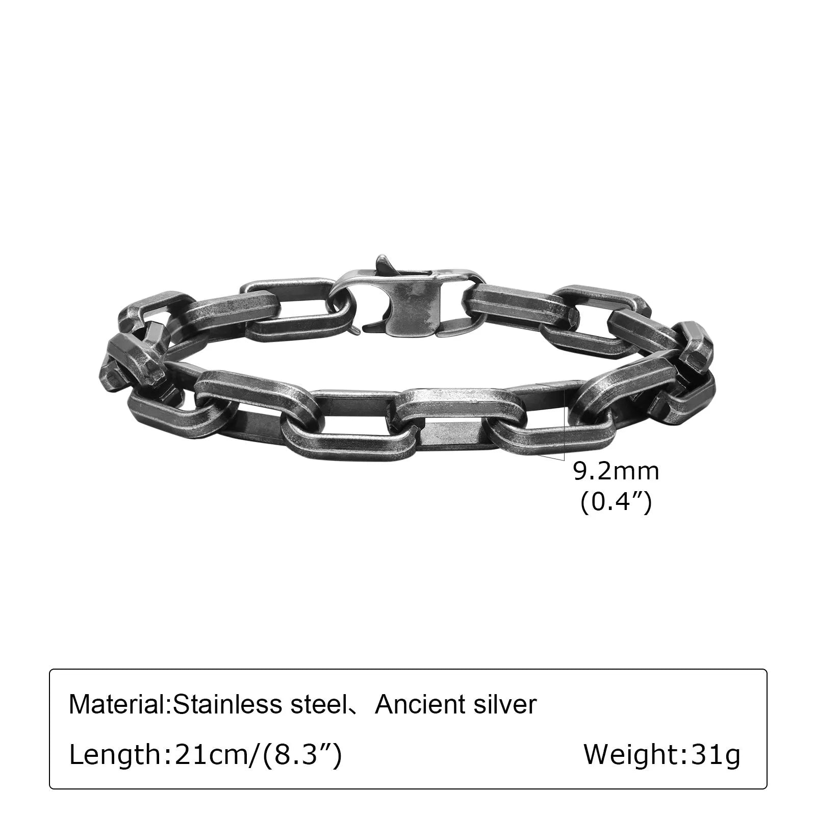 Men's simple square chain bracelet in titanium steel, shown in black, gold, retro, and steel colour options.