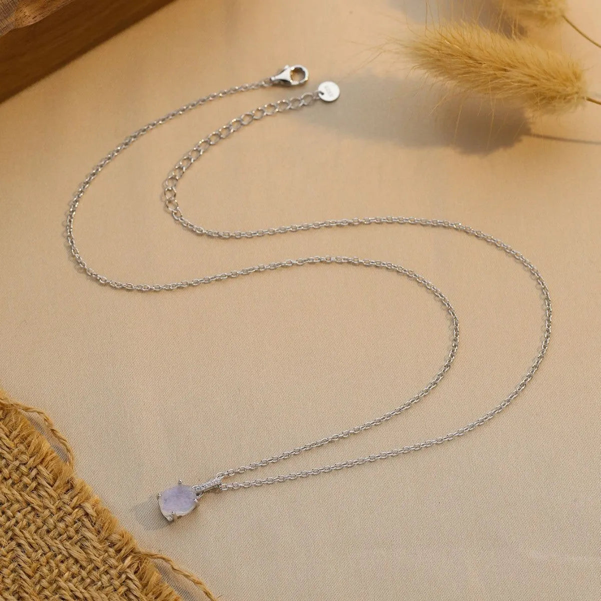 S925 sterling silver moonstone necklace with geometric crystal pendant on curb chain