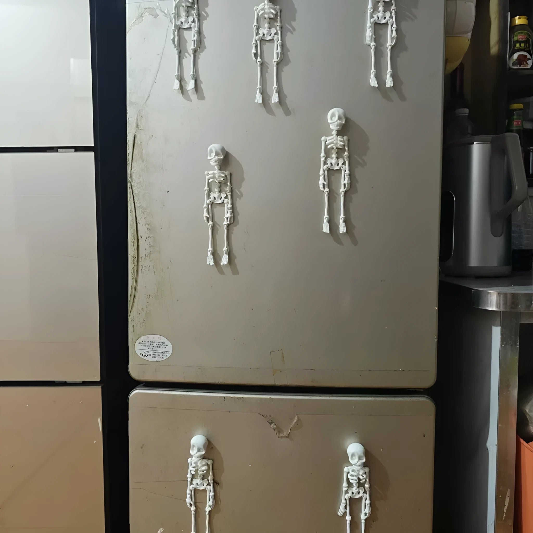 3D printed white skull refrigerator magnet with detailed model on a kitchen fridge.