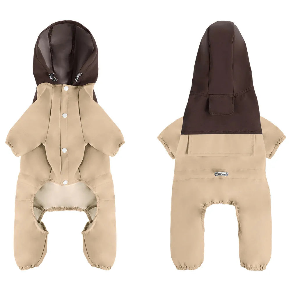 Khaki coloured waterproof shell jacket on a small dog, showing reflective trim and full-length belly zip.