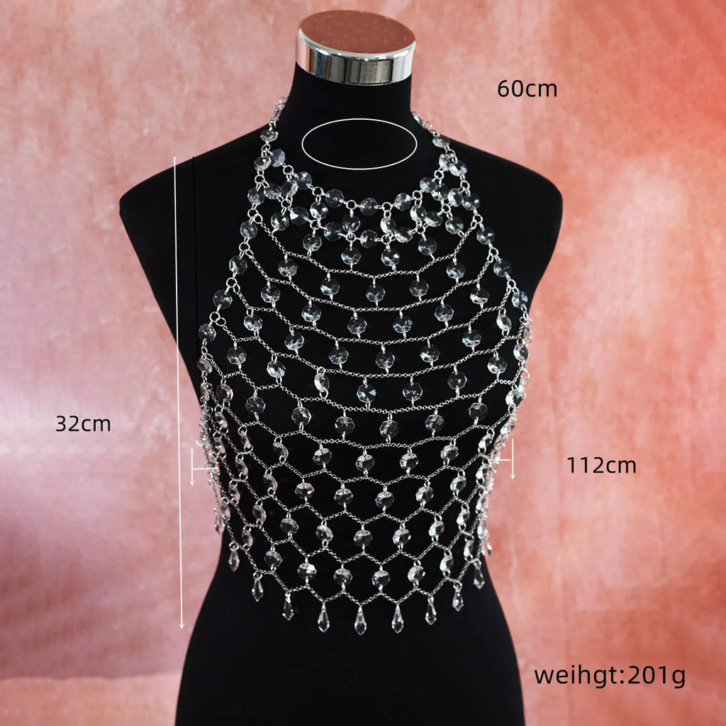 Transparent acrylic crystal sequin body chain hand-woven as chest and waist jewellery
