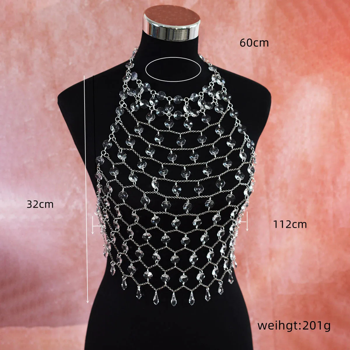 Transparent acrylic crystal sequin body chain hand-woven as chest and waist jewellery